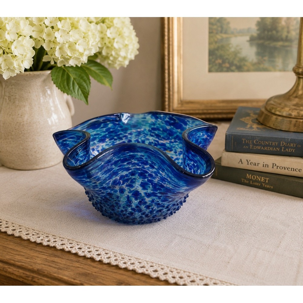 Hand Blown Cobalt Blue Art Glass Ruffled Handkerchief Vase Made in Poland